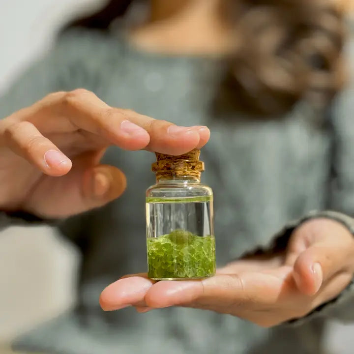 Tiny Peridot Gemstones Moss Ball Terrarium
